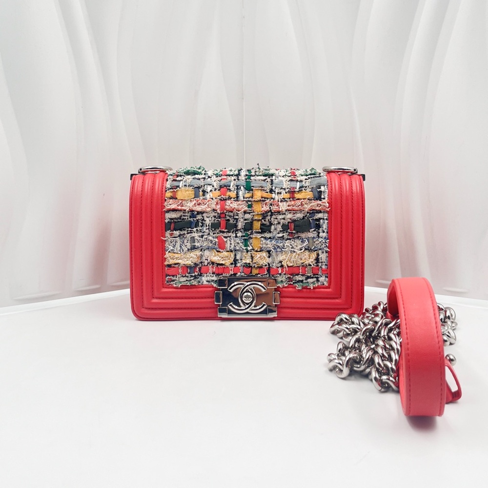 CHANEL Boy Chanel Medium Bag Orange Leather with Multicolor Tweed